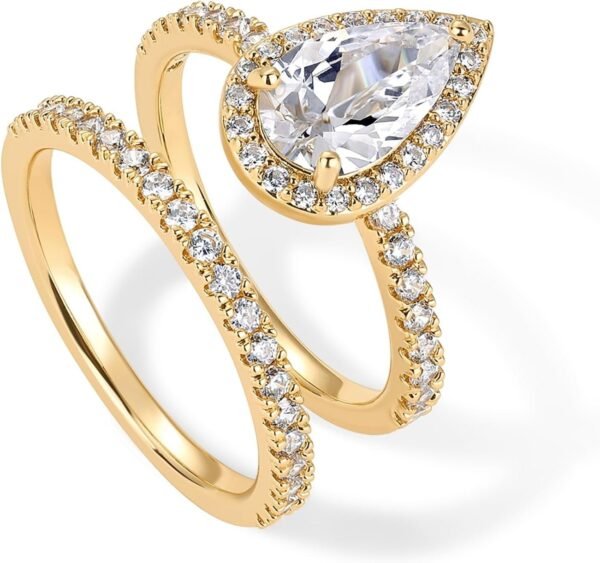 14K Gold Plated 1.7CT Pear Cubic Zirconia Eternity Engagement Ring Promise Ring Set for Women - Hidden Halo