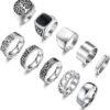 10 Pcs Men's Stainless Steel Vintage Signet Ring Square Pinky Thumb Chunky Thin Band Ring Vintage Biker Band Rings Set 7-13