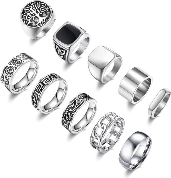 10 Pcs Men's Stainless Steel Vintage Signet Ring Square Pinky Thumb Chunky Thin Band Ring Vintage Biker Band Rings Set 7-13