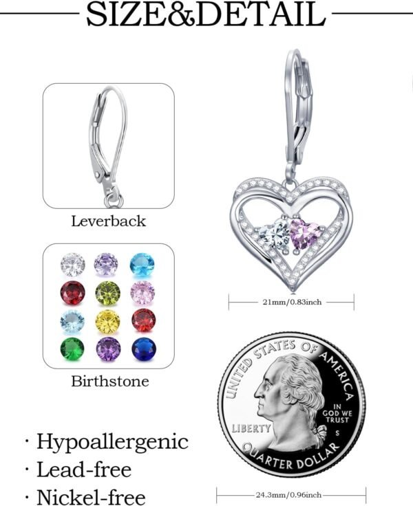 Heart Leverback Earrings Double Birthstone Dangle Earrings for Women, Love Jewelry for Her, Christmas Gifts for Women, Anniversary Birthday Gift for Mom Wife Girlfriend