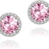 Cubic Zirconia Earrings Studs, Halo CZ Birthstone Simulated Diamond Stud Earrings for Women