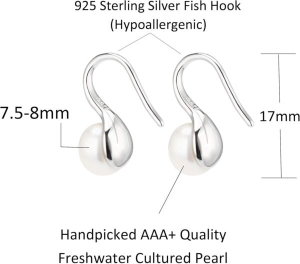 925 Sterling Silver Hoop Handpicked AAA+ Quality 7.5-8mm White Freshwater Cultured Pearl Dangle Drop Earrings Jewelry for Women