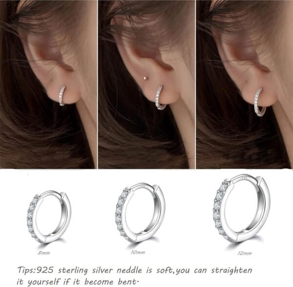 925 Sterling Silver Small Hoop Earrings Cubic Zirconia Huggie Hoop Earrings, 3 Pairs 14K White Gold Plated Cartilage Piercing Earrings Ear Cuff Tiny Hoop Earrings for Women Men