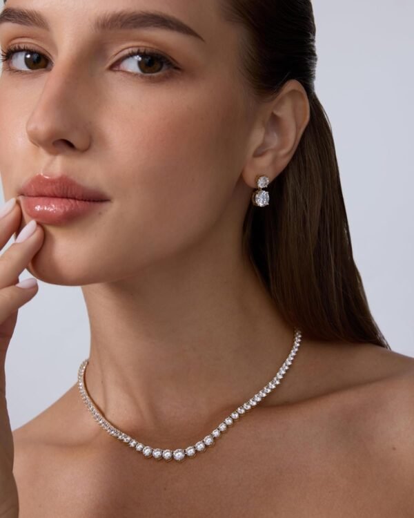 71Z6jj6Pr4L._AC_SL1500.jpg 14K Gold Plated Graduated Tennis Necklaces for Women - Cubic Zirconia Tennis Necklace for Brides & Bridesmaids - Simulated Diamond Chain Trendy Wedding Jewelry