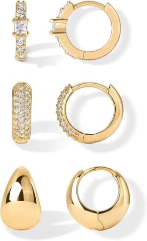 18K Gold Plated 925 Sterling Silver Posts Three Pairs Huggie Hoop Earrings for Women - Triple Gold Hoop Earring Pack with Cubic Zirconia - Chunky Dome Pave Huggie Piercing Statement Jewelry Set