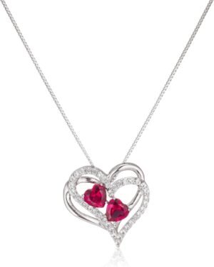 71ZeWnIjnHL._AC_SL1500.jpg Womens Sterling Silver Created Ruby and White Sapphire Double Heart Pendant Necklace, 18"