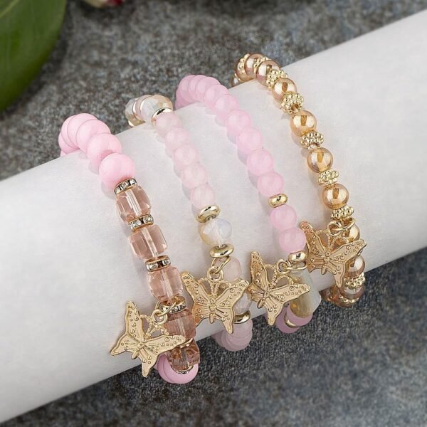 4 Pcs Cute Butterfly Charm Bracelets Set Gold Beaded Stackable Stretch Bracelets Bohemian Summer Jewelry Gifts for Women