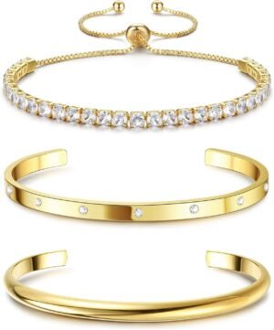 14K Gold Bracelets for Women Trendy Bangle Cuff Chain Bracelets Set Gold Plated Paperclip Bead Tennis Bracelet Chunky Gold Filled Bracelet Stack 3/4PCS