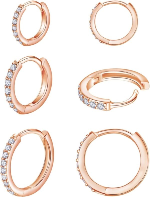 925 Sterling Silver Small Hoop Earrings Cubic Zirconia Huggie Hoop Earrings, 3 Pairs 14K White Gold Plated Cartilage Piercing Earrings Ear Cuff Tiny Hoop Earrings for Women Men