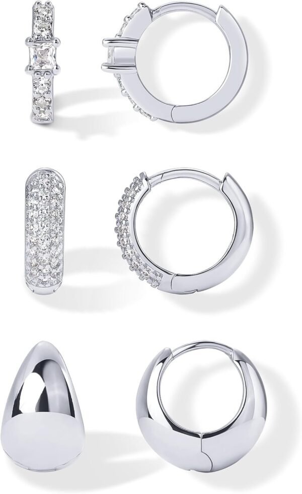 18K Gold Plated 925 Sterling Silver Posts Three Pairs Huggie Hoop Earrings for Women - Triple Gold Hoop Earring Pack with Cubic Zirconia - Chunky Dome Pave Huggie Piercing Statement Jewelry Set