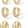 18K Gold Plated 925 Sterling Silver Posts Three Pairs Huggie Hoop Earrings for Women - Triple Gold Hoop Earring Pack with Cubic Zirconia - Chunky Dome Pave Huggie Piercing Statement Jewelry Set