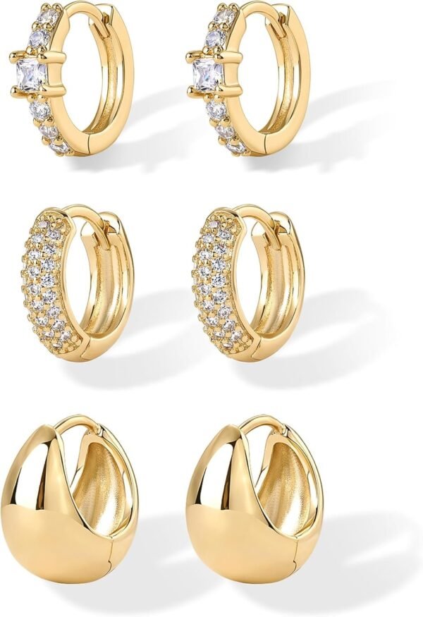 18K Gold Plated 925 Sterling Silver Posts Three Pairs Huggie Hoop Earrings for Women - Triple Gold Hoop Earring Pack with Cubic Zirconia - Chunky Dome Pave Huggie Piercing Statement Jewelry Set