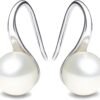 925 Sterling Silver Hoop Handpicked AAA+ Quality 7.5-8mm White Freshwater Cultured Pearl Dangle Drop Earrings Jewelry for Women