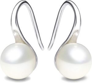 925 Sterling Silver Hoop Handpicked AAA+ Quality 7.5-8mm White Freshwater Cultured Pearl Dangle Drop Earrings Jewelry for Women