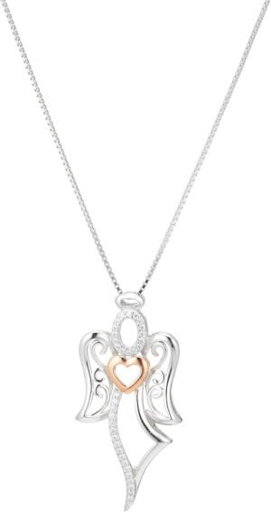 Two-Tone Sterling Silver and Rose 18K Gold Over Sterling Silver Angel with Heart Pendant Necklace, 18"