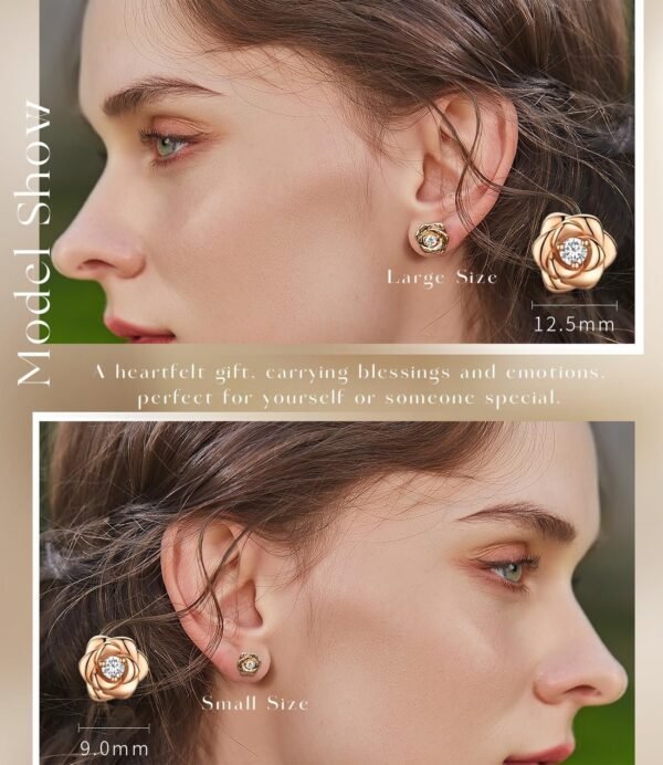 Gold Plated Sterling Silver Rose Flower Earring Studs, Hypoallergenic & Nickel Free Earrings for Women