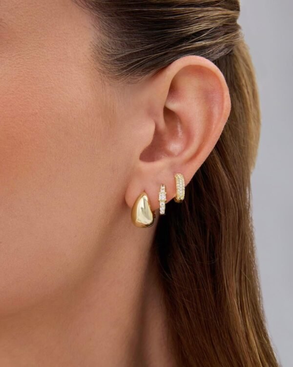 18K Gold Plated 925 Sterling Silver Posts Three Pairs Huggie Hoop Earrings for Women - Triple Gold Hoop Earring Pack with Cubic Zirconia - Chunky Dome Pave Huggie Piercing Statement Jewelry Set