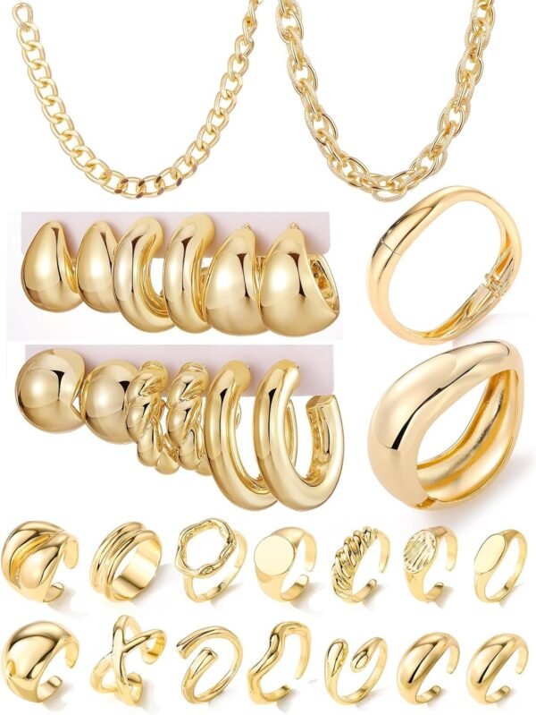 Gold Plated Jewelry Set for Women,14k Gold Plated Multi Layer Necklaces Stackable Bangle Bracelets Stackable Knuckle Rings Hoop Earrings Set Anniversary Trendy Elegance Charms Anniversary Birthday Jewelry Gift