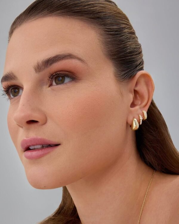 18K Gold Plated 925 Sterling Silver Posts Three Pairs Huggie Hoop Earrings for Women - Triple Gold Hoop Earring Pack with Cubic Zirconia - Chunky Dome Pave Huggie Piercing Statement Jewelry Set