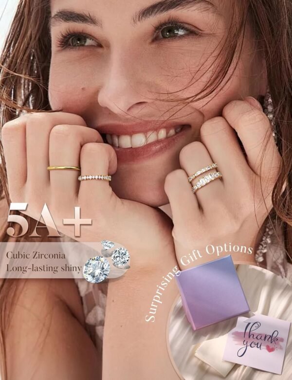 14K Gold Plated Stackable Rings for Women Non Tarnish - Dainty Cubic Zirconia Wedding Bands Ring Set Minimalist Trendy Statement Engagement Promise Thumb Rings Stacking Size 5-10