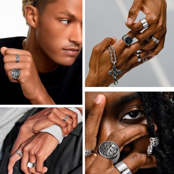 10 Pcs Men's Stainless Steel Vintage Signet Ring Square Pinky Thumb Chunky Thin Band Ring Vintage Biker Band Rings Set 7-13