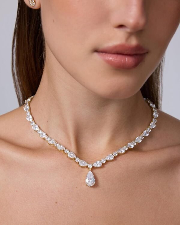 14K Gold Plated Pear Tennis Necklaces for Women - Cubic Zirconia Tennis Necklace with Drop for Brides & Bridesmaids - Cute Simulated Diamond Chain Trendy Wedding Jewelry