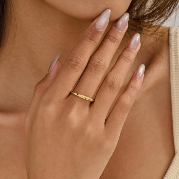 14K Gold Plated Signet Rings for Women Non Tarnish 925 Sterling Silver Dainty Stackable Gold Ring, Waterproof Engraved Flower Thin Band Unique Everyday Jewelry Gift