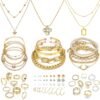 Gold Plated Jewelry Set for Women,14k Gold Plated Multi Layer Necklaces Stackable Bangle Bracelets Stackable Knuckle Rings Hoop Earrings Set Anniversary Trendy Elegance Charms Anniversary Birthday Jewelry Gift