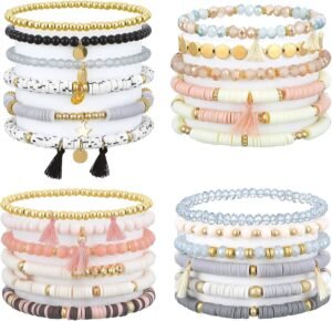 4 Sets 24 Pcs Bohemian Bracelets Bulk for Women Stackable Boho Beaded Stretch Bracelets Heishi Clay Boho Jewelry for Teen Girls Women Y2k Aesthetic Jewelry Gifts