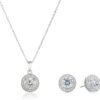 Womens Sterling Silver Cubic Zirconia Halo Pendant Necklace and Stud Earrings Jewelry Set
