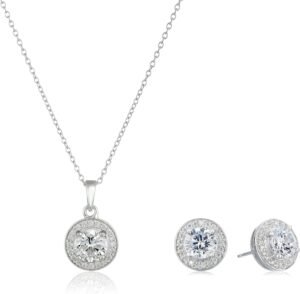 Womens Sterling Silver Cubic Zirconia Halo Pendant Necklace and Stud Earrings Jewelry Set