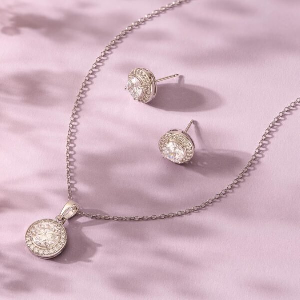 Womens Sterling Silver Cubic Zirconia Halo Pendant Necklace and Stud Earrings Jewelry Set