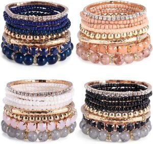 4 Sets Boho Bracelets for Women Multi-Color Layered Stackable Natural Beaded Bracelets Adjustable Stretch Bohemian Bracelets