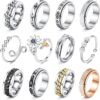 12Pcs Fidget Anxiety Rings for Women Men - Spinner Fidget Rings for Anxiety Relieving Stress Flower Moon Star Stainless Steel Rings Adjustable Size 6