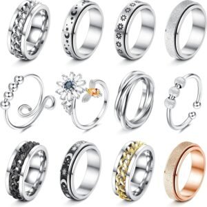 12Pcs Fidget Anxiety Rings for Women Men - Spinner Fidget Rings for Anxiety Relieving Stress Flower Moon Star Stainless Steel Rings Adjustable Size 6