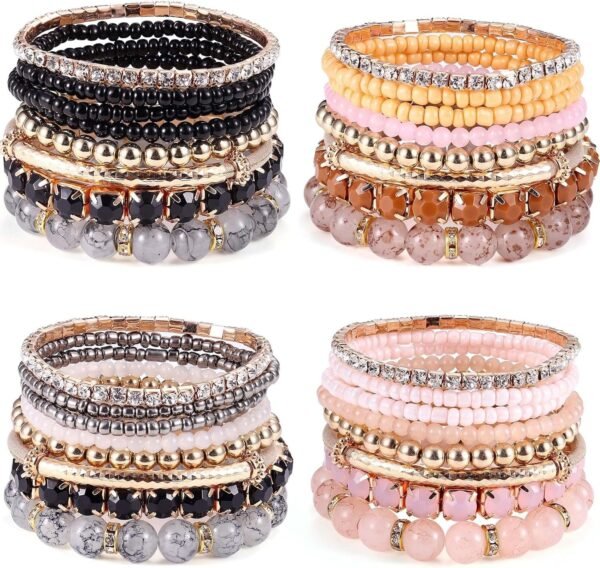 4 Sets Boho Bracelets for Women Multi-Color Layered Stackable Natural Beaded Bracelets Adjustable Stretch Bohemian Bracelets