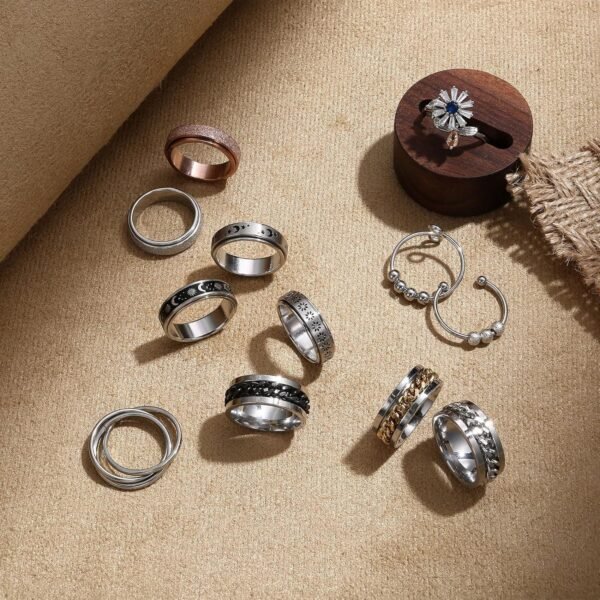 12Pcs Fidget Anxiety Rings for Women Men - Spinner Fidget Rings for Anxiety Relieving Stress Flower Moon Star Stainless Steel Rings Adjustable Size 6